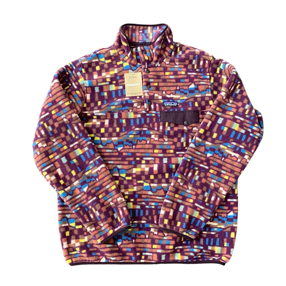 Patagonia Women’s Fleece Pullover in Maroon with Blue and Yellow Accents